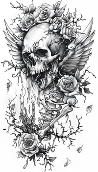 A monochrome illustration of a skull with wings and roses, drawn in a detailed and intricate style. The skull is surrounded by a pattern of roses, creating a striking and artistic image