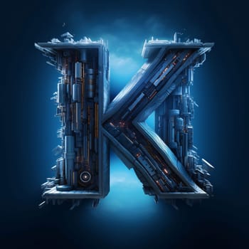 Graphic alphabet letters: Futuristic letter K made of futuristic elements on dark blue background