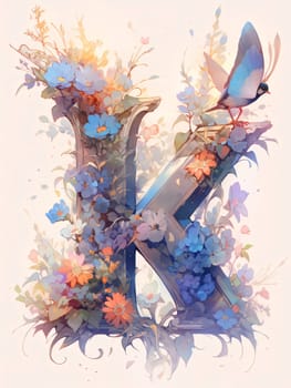 Graphic alphabet letters: Beautiful floral capital letter K with bird and flowers in pastel colors