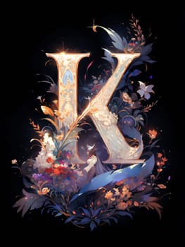 Graphic alphabet letters: letter K in a beautiful floral style on a dark background, watercolor