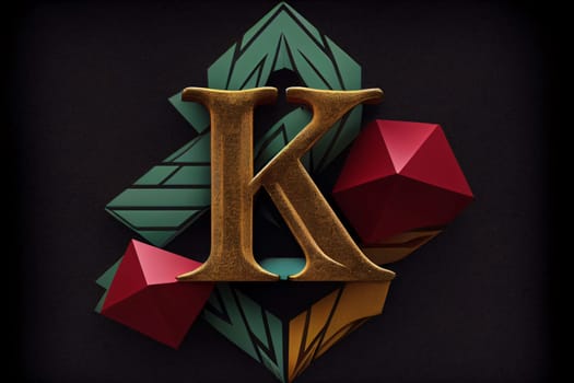 Graphic alphabet letters: Golden letter K decorated with colorful geometric figures on black background. 3D rendering.