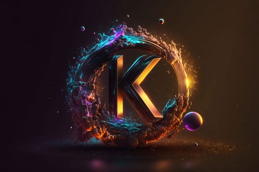 Graphic alphabet letters: 3d rendering of letter K in the form of an explosion of colored particles.