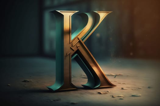 Graphic alphabet letters: Golden letter K in a dark room. 3D Rendering.