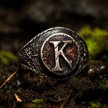 Graphic alphabet letters: Silver coin with the letter K on the background of green moss.