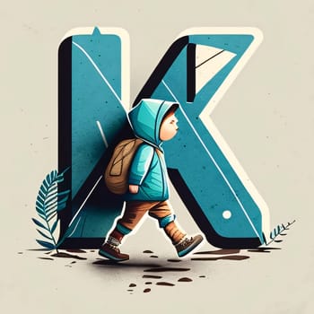 Graphic alphabet letters: Cute little boy with backpack and letter K. Vector illustration.