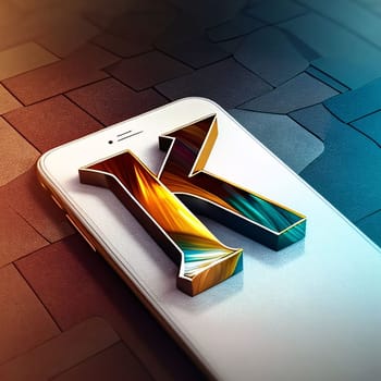 Graphic alphabet letters: 3D render of a mobile phone with the letter K on the screen.