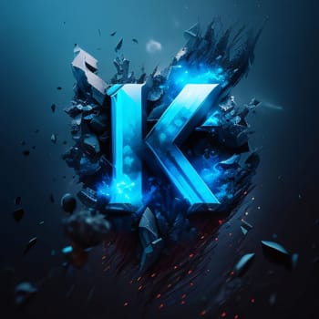 Graphic alphabet letters: Futuristic letter K with explosion effect on dark background. 3D rendering