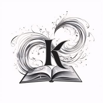 Graphic alphabet letters: Open book with a letter in the shape of a flower. Letter K