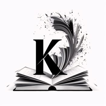 Graphic alphabet letters: Open book with black letter K on white background. Vector illustration.