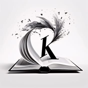 Graphic alphabet letters: Open book with stylized letter K, isolated on white background.