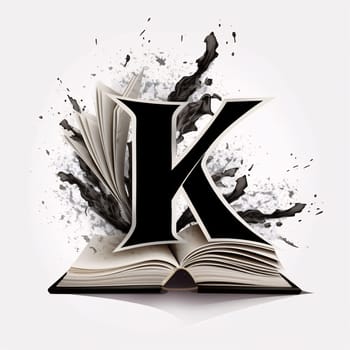 Graphic alphabet letters: Letter K from an open book with black ink splashes on white background