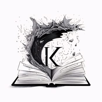 Graphic alphabet letters: Open book with black ink splashes and letter K on white background