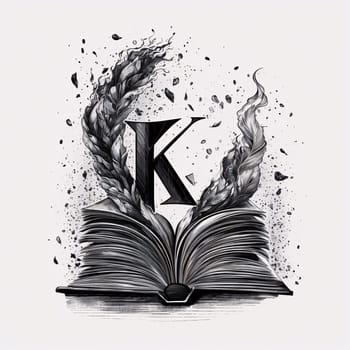 Graphic alphabet letters: Alphabet letter K on the pages of an open book. Vector illustration
