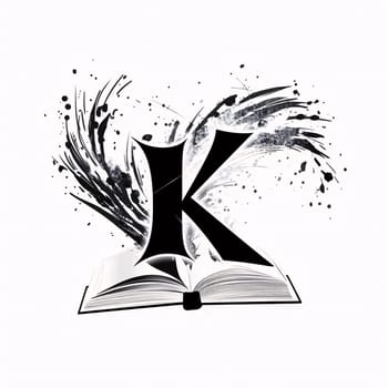 Graphic alphabet letters: Letter K with ink splashes and open book. Vector illustration.