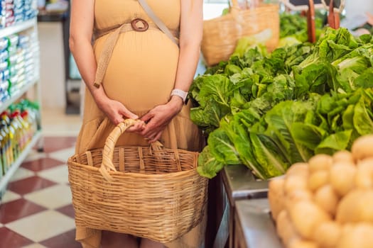 In a grocery store, a pregnant woman stands by a fruit stand, surrounded by various natural foods. She is in a public space where the local market offers whole foods for trade Pregnant woman buying organic vegetables and fruits at Mexican style farmers market