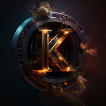 Graphic alphabet letters: K letter in a black background. 3d rendering, 3d illustration.