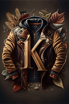 Graphic alphabet letters: Hipster style male leather jacket with letter K. Vector illustration.