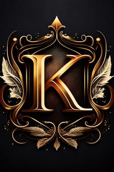 Graphic alphabet letters: Luxury golden letter K with decorative elements on black background.