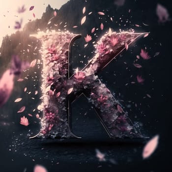 Graphic alphabet letters: Alphabet letter K with cherry blossom background. 3D rendering