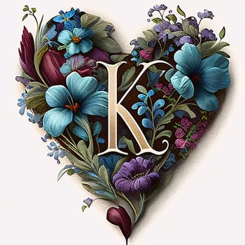 Graphic alphabet letters: Beautiful vintage heart with flowers and letter K. Hand drawn vector illustration.