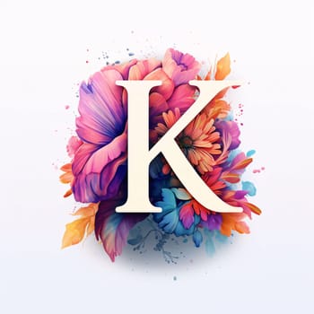 Graphic alphabet letters: Beautiful letter K with colorful flowers on white background. Vector illustration.