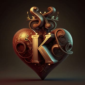 Graphic alphabet letters: 3D illustration of heart with letter K in gold on dark background