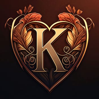 Graphic alphabet letters: Luxury letter K in the shape of a heart with leaves.