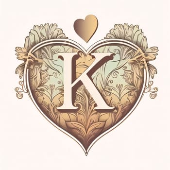 Graphic alphabet letters: Vintage ornate letter K in heart frame. Vector illustration.