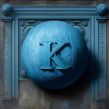 Graphic alphabet letters: 3D render of the letter K on a blue metal background.