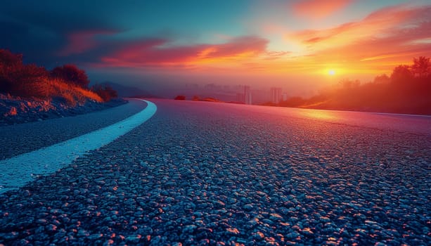 The perspective of the road against the background of sunset and the cityscape. High quality photo