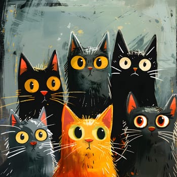 A painting showcasing a group of Felidae, with white fur and striking yellow eyes, displaying various facial expressions. These small to mediumsized cats are carnivorous mammals