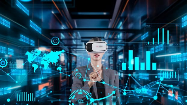 Businesswoman selecting dynamic market database scatter graph analysis monitor by VR future global innovation interface digital infographic network technology visual hologram animation. Contraption.