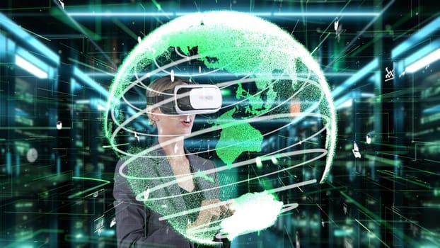 Woman selecting data dynamic market rotating green world distributing analysis by VR future global innovation interface digital infographic network technology virtual hologram animation. Contraption.