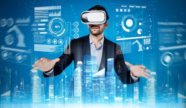 Professional businessman looking at data analysis while using VR glasses. Smart civil engineer designing house construction while wearing visual reality glasses to connect global network. Deviation.