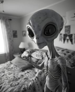 A blackandwhite photo captures an alien by a bed, showcasing its unique style and skeletal features. The eyecatching image includes a skull, jaw, bones, and a mysterious curtain backdrop