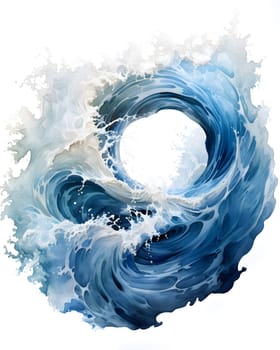 An art piece featuring a liquid wave in electric blue on a white background, resembling a fashion accessory. The azure water swirls in a circle and rectangle format