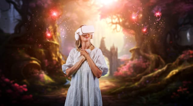 Happy girl enjoy looking at fantasy view hologram in VR glasses while connect at metaverse or visual reality world. Caucasian woman with white pajamas while standing at magical forest. Contraption.