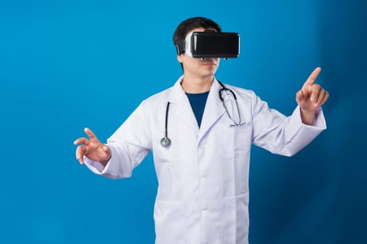 Smart doctor wearing VR headset connecting metaverse selecting zoom in out medicine detail isolated blue background futuristic technology hologram virtual reality intelligent meta world. Contrivance.