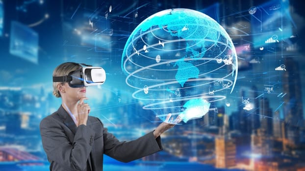 Woman looking finance big data dynamic rotating dynamic world screen by VR future global market innovation interface digital infographic network technology virtual hologram at building. Contraption.