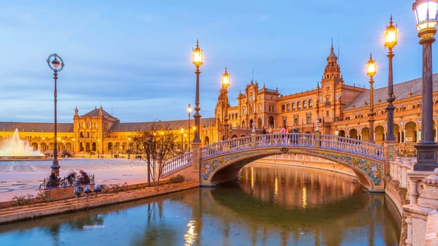 Panoramic view of Plaza de Espana in Seville, Andalusia, Spain at sunset