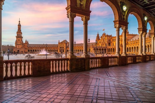 Panoramic view of Plaza de Espana in Seville, Andalusia, Spain at sunset