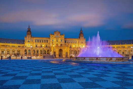 Panoramic view of Plaza de Espana in Seville, Andalusia, Spain at sunset