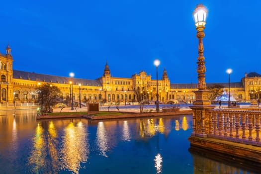 Panoramic view of Plaza de Espana in Seville, Andalusia, Spain at sunset