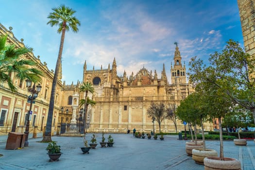 Giralda tower and Seville Cathedral in downtown Spain