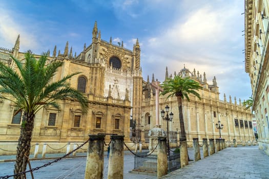 Giralda tower and Seville Cathedral in downtown Spain