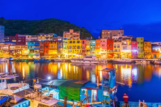 Cityscape of Colorful Zhengbin Fishing Port  in Keelung near Taipei city, Taiwan at sunset