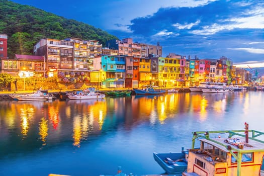 Cityscape of Colorful Zhengbin Fishing Port  in Keelung near Taipei city, Taiwan at sunset