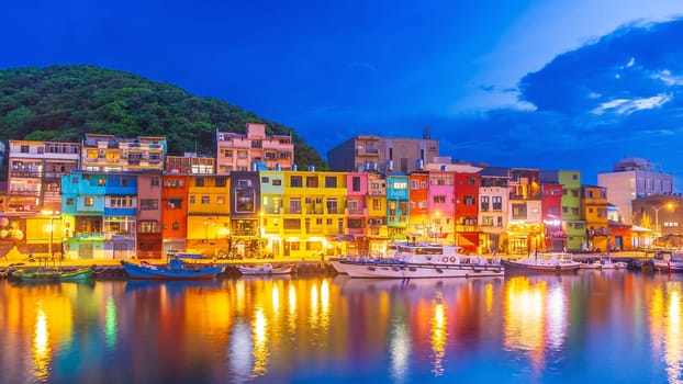 Cityscape of Colorful Zhengbin Fishing Port  in Keelung near Taipei city, Taiwan at sunset