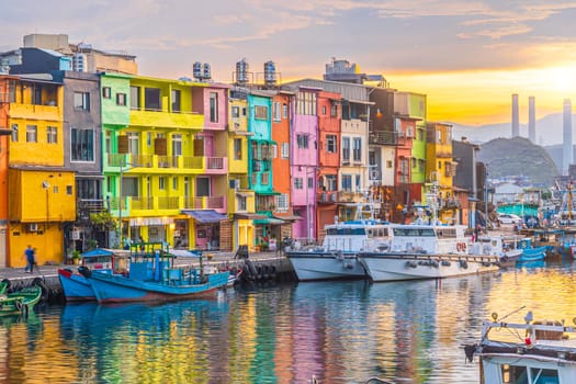 Cityscape of Colorful Zhengbin Fishing Port  in Keelung near Taipei city, Taiwan at sunset