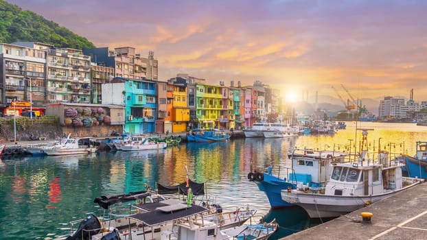 Cityscape of Colorful Zhengbin Fishing Port  in Keelung near Taipei city, Taiwan at sunset